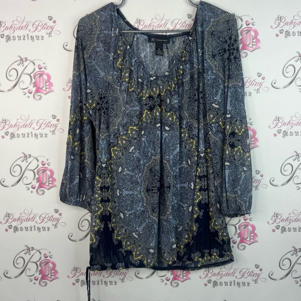 INC International Concepts long sleeve bubble hem Blue Gold Patterned Blouse
